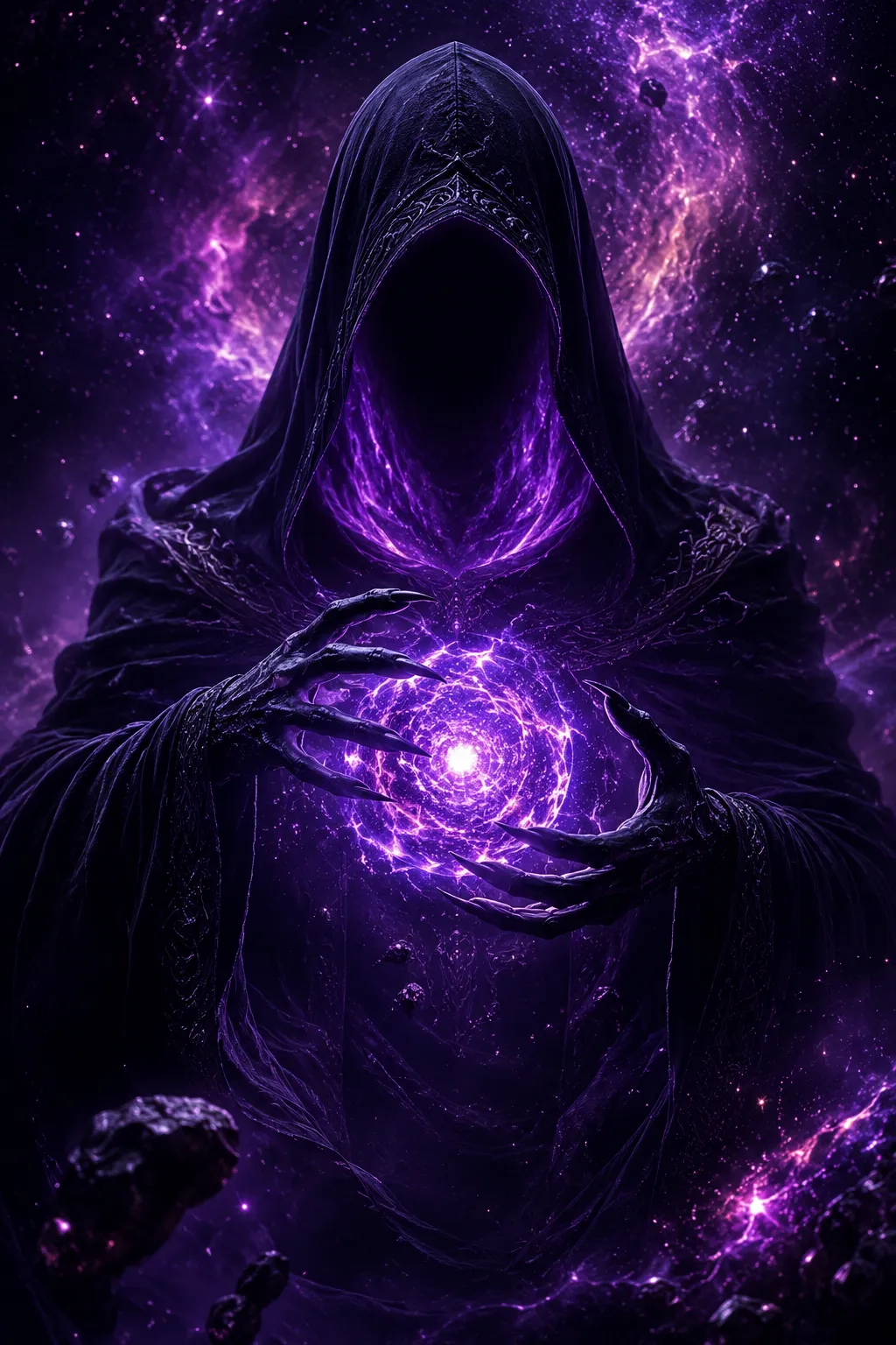 Okto — a hooded mystical entity cradling a glowing purple orb